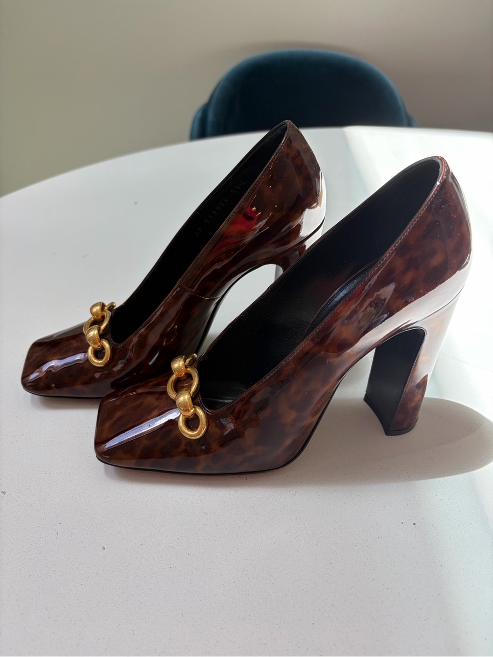 Saint Laurent Brown Tortoiseshell Patent Pumps with Gold Chain